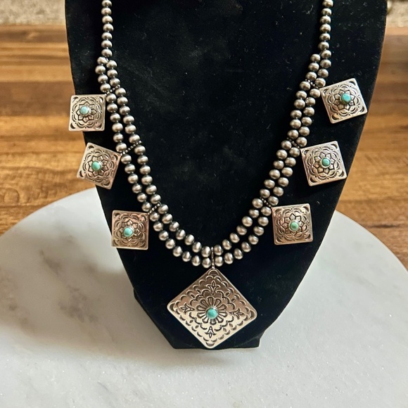.925 Stamped Sterling Silver Necklace & Pendant W/ Conchos Turquoise Necklace